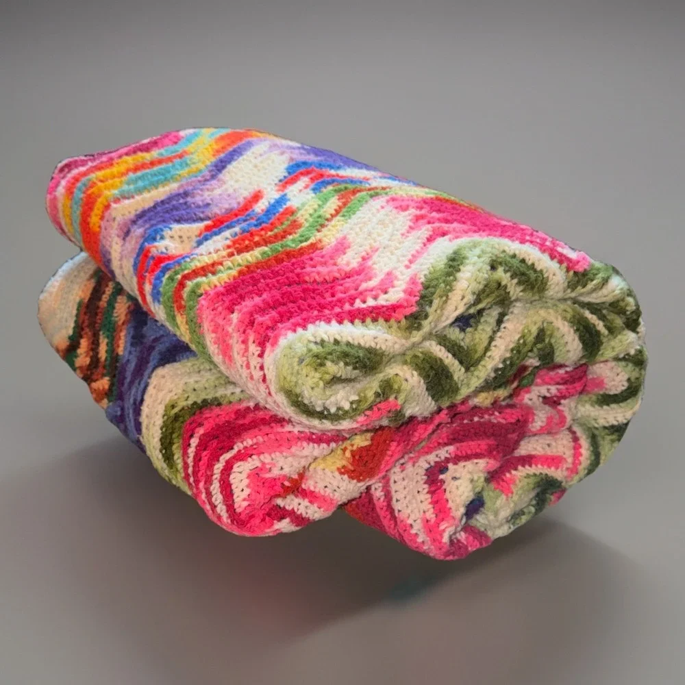 Vtg 70s Crochet Handmade Afghan Multicolor Throw Blanket Chevron Zig Zag 7ftx6ft